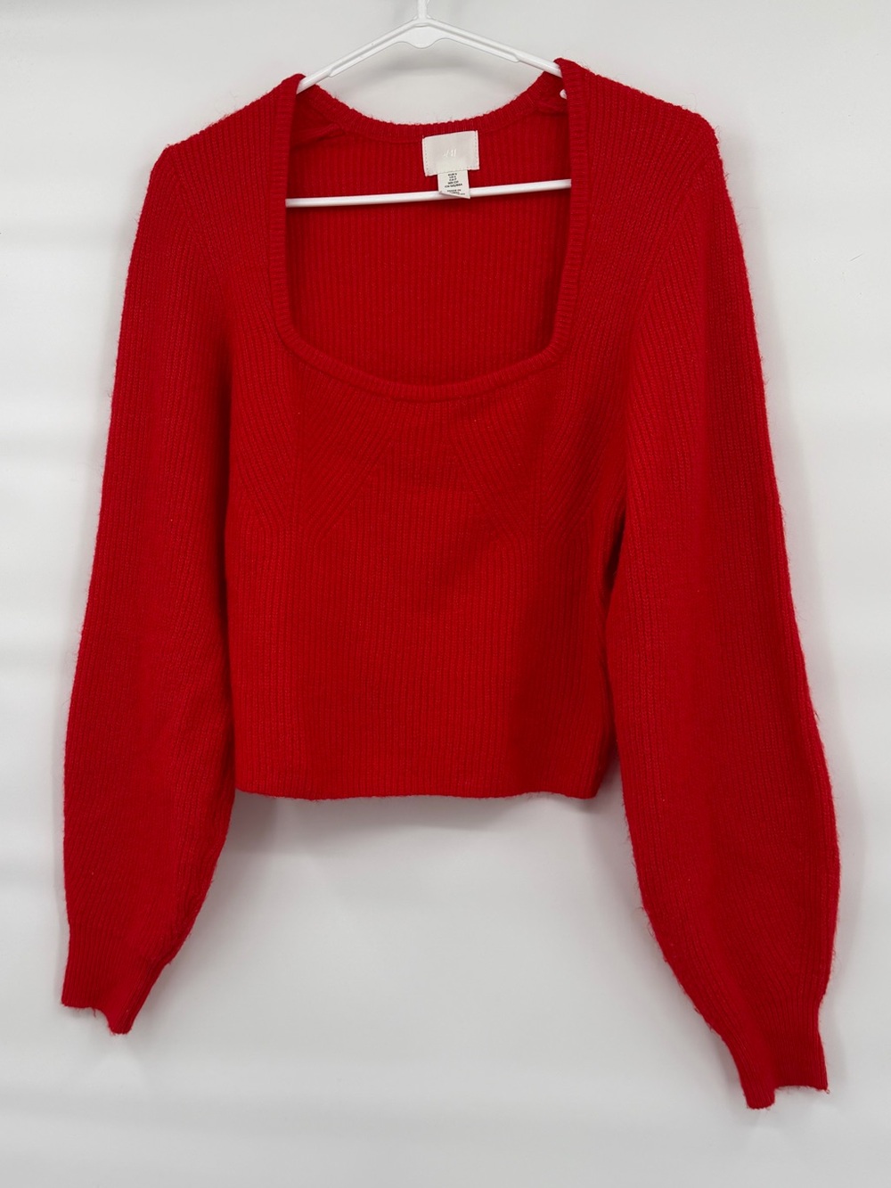 H&M red square neck chunk knit balloon sleeve wool blend sweater